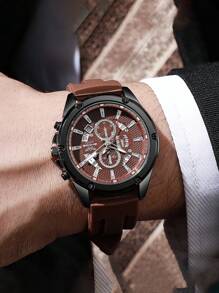 1 pieza Reloj de cuarzo analógico con diseño de doble esfera falsa, correa de silicona de escala metálica plateada, moda para hombres de negocios y jóvenes