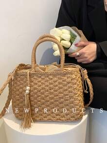 low tea 女士度假波西米亚草编流苏抽绳手提包 - 卡其色 - 查看 5