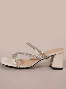 Fairy Style Square Toe Chunky Heel Sandals For Women, Multi-Strap Rhinestone Decoration High Heels, Fashion Versatile Suitable For Date, Shopping, Party, Gathering, Commuting, Business - Beige - View 5