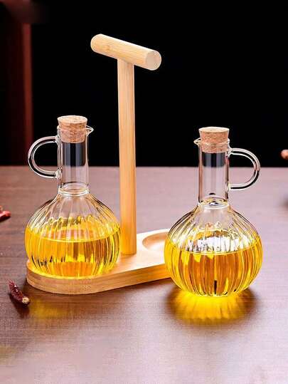 High Borosilicate Glass Oil Bottle With Wooden Cap, Kitchen Liquid Seasoning Bottle, Striped Sauce Vinegar Glass Jar