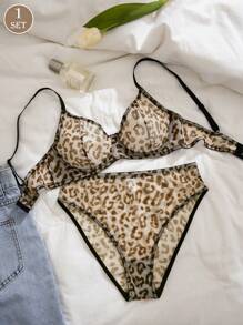 1 Set Mesh & Leopard Printed Wirefree Bra And Panty Set