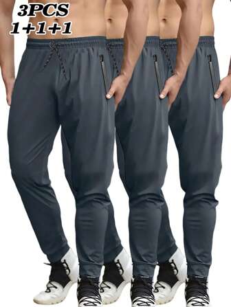 3pcs/Set Plus Size Men's Sports Pants Loose Fit Drawstring Waist Casual Jogger Trousers, Versatile For Spring & Autumn