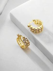 1 par de elegantes pendientes de doble hilera estilo Instagram con incrustaciones, pendientes minimalistas, modernos y versátiles de cobre. - Dorado - Ver 5