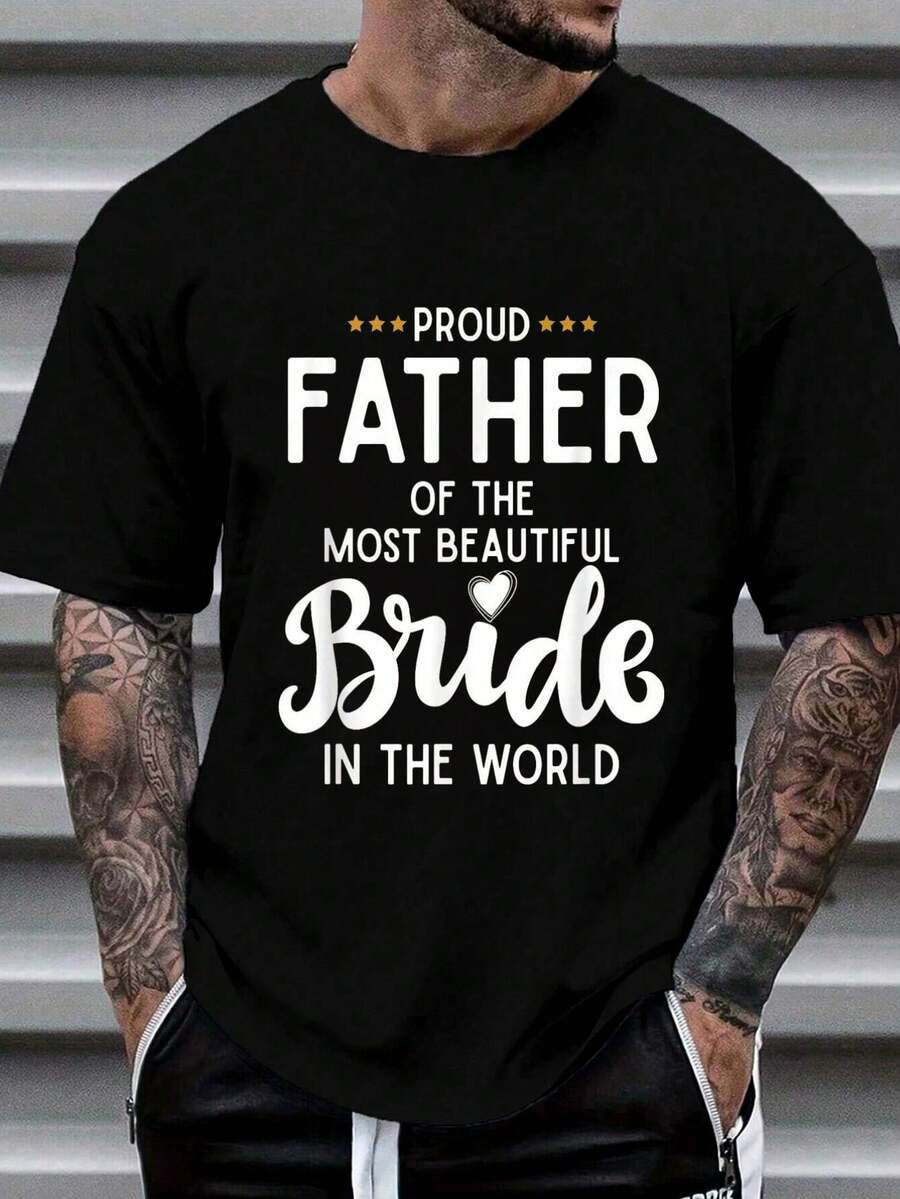 100% Cotton Father Of The Beautiful Bride Bridal Wedding Gifts For Dad T-Shirt Women's Men's Graphic Tee Causal Tops Fashion Tshirt Short Sleeve T-Shirt - 黑色 - 查看 1
