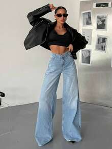 SQUALO Women's Y2K Retro Blue Washed High Waist Wide Leg Jeans For Going Out Party - Blue - View 2