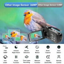 Nicamery Videocámara Full HD 1080P 36.0MP con pantalla IPS rotativa de 3.0 pulgadas, zoom digital 16X, incluye tarjeta de memoria de 32GB y 2 baterías (negro)