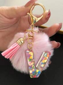 1 Pç Chaveiro de Pelúcia com Letra Inicial do Alfabeto, Chaveiro de Pelúcia com Pompom, Pingente para Bolsa, Mochila, Pingente para Carro, Presente para Mulheres e Meninas, Chaveiro de Resina com Lantejoulas, Acessórios para Carteira e Bolsa, Chaveiro com Borlas, Letra Inicial do Alfabeto A-Y, Escola