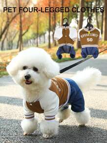 Pet 4-Leg Jumpsuit In Navy Blue With Contrast Color Letter Print, Suitable For Cats And Dogs, Spring/Autumn