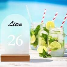 1pc Customized Table Number Plate, Frosted Acrylic Arch Shaped Sign With Wooden Base, Personalized Text & Numbers, Decor For Wedding, Party, Bar, Gathering