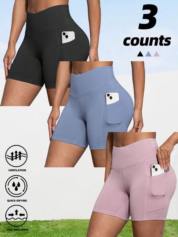 3 szt. damskie spodenki motocyklowe, szorty sportowe z wysokim stanem i kieszeniami, spodenki fitness z kontrolą brzucha