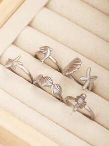 Juego de 5 anillos abiertos de acero inoxidable con diseños de vida marina como concha, estrella de mar y delfín, unisex