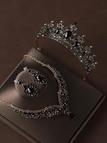 4 件黑色新娘首饰套装：皇冠、项链、耳环、优雅婚礼和派对配饰 - 黑色 - 查看 2
