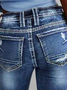 Women's Fashionable And Casual Sexy Flared Jeans, Paired With Torn Hole Decorations, Party Dresses For Women,Christmas Outfit Women,Stretch Jeans For Women,Old Money Style Women,Vestidos Elegantes De Mujer,Country Concert Outfit,Valentine's Day,Christmas Outfit Women,New Years Outfit Women,Birthday Outfits For Women,Rave Outfits For Women,Western Outfits For Women,Jeggings Women - 寶藍色 - 查看 5