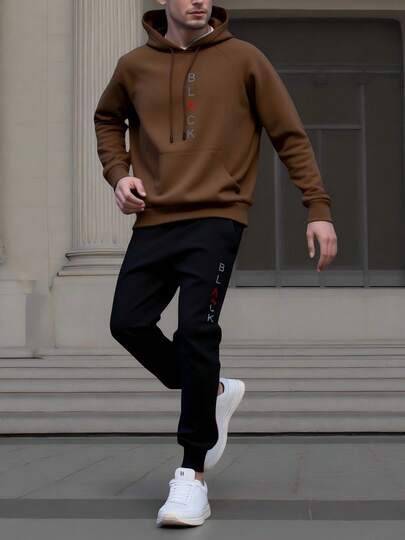Conjunto deportivo de 2 piezas para hombre, con estampado de letras retro en NEGRO, sudadera con capucha de manga larga y cuello redondo informal y pantalones deportivos joggers, para invierno y otoño, conjunto deportivo atlético.
