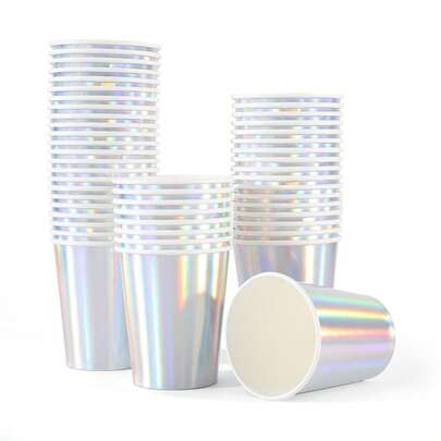 Iridescent Silver Holographic 9oz Paper Cups - 10/20/50Pcs Shimmer Party Cups For Bachelorette, Birthday & Beverage Tablescape Supplies