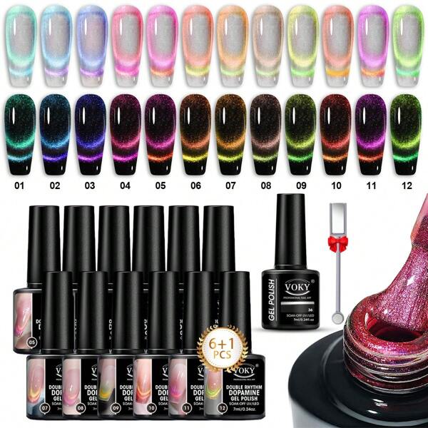 5pcs Sparkling Cat's Eye Nail Gel Set + 7ml Black Base With Magnetic Strips, High-Density Broken Fairy Stone Polarized Fine Sparkling Cat's Eye Relaxation Gel DIY Nail Gel Set