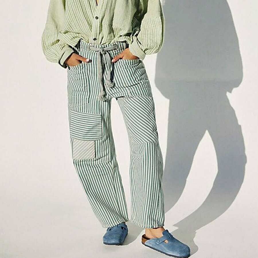 Womens Baggy Barrel Horseshoe Jeans Wide Leg Drawstring Vintage Denim Pants Striped Patchwork Tie Waist Jeans With Pockets - 綠色 - 查看 1