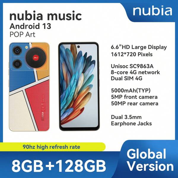nubia Nubia, Smartphone, Nubiamusic, PopArt, Desbloqueado, Android 13, (4 GB de RAM + 4 GB de Fusion) + 128 GB de ROM, Bateria de 5000 mAh, Dual SIM 4G, DTS: X® Ultra, NFC suportado, 4G LTE, Versão global