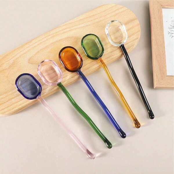 5 Stücke Set Wellen Muster transparent farbige Glas Dessertlöffel (Pink/Grün/Blau/Gelb/Schwarz), hitzefeste Glas Milchtee Löffel, niedlicher Kaffee Rührstab mit langem Griff, Rückkehr zur Schule