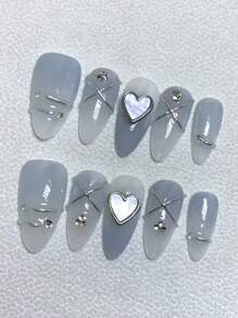 10pcs Handmade Press On Nails With Rhinestones, Valentines Nails , Romantic Nail Art, Nail Supplies ,Heart Fake Nails, Vacation Style Blue Nails,Full Cover Gradient False Nails For Women And Girls,Summer Nails Press On Nails Beach Essentials,Gift A Set Of Nail Kit