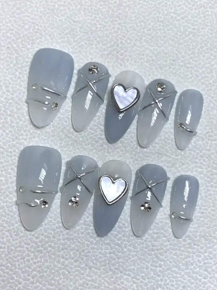 10件手工水晶美甲貼，情人節浪漫美甲，美甲配件，心形假指甲，藍色漸層海灘風全包假指甲，適合女性與女孩，夏季海灘必備美甲貼，美甲禮品套組，母親節/畢業/度假風格手工穿戴式假指甲