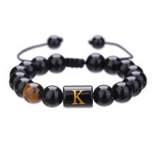 1pc Natural Black Agate 26 Letter Beaded Adjustable Braided Bracelet, Suitable For Various Occasions Like Festivals, Sports, Casual, Business Wear