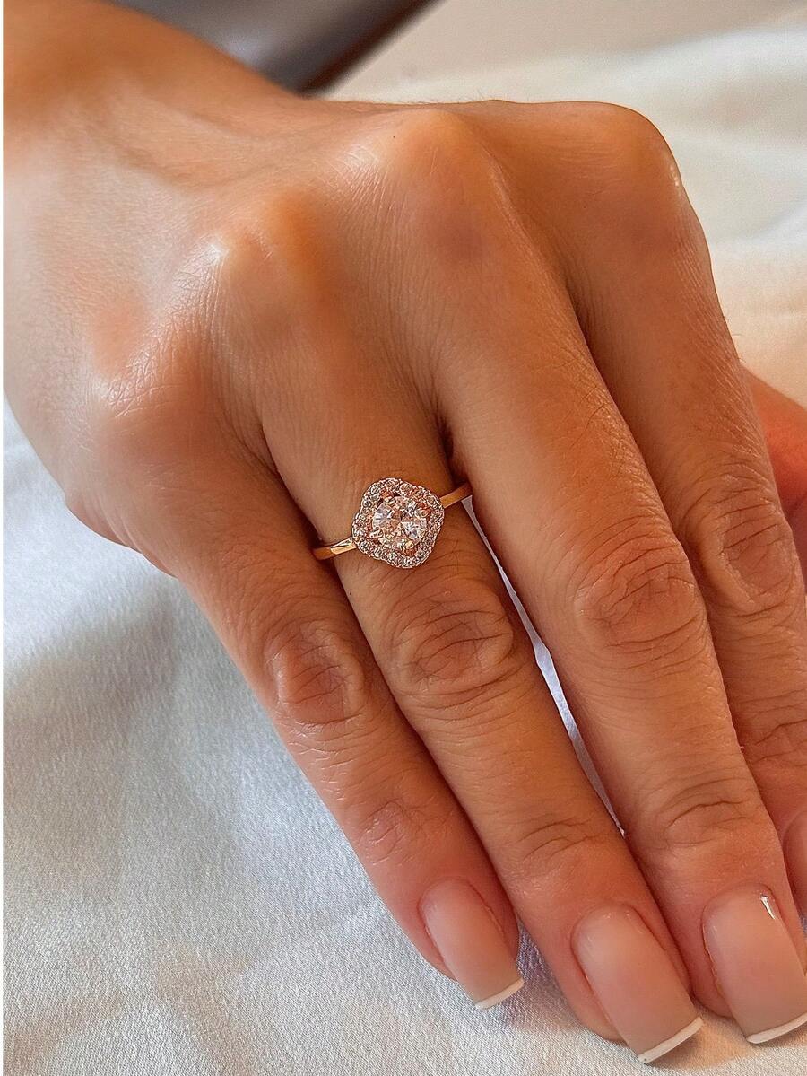 Solitaire Zirconia Ring With Shiny Stone Studded Delicate Bridal Style Elegant Fashion Shiny European - 金色 - 查看 1
