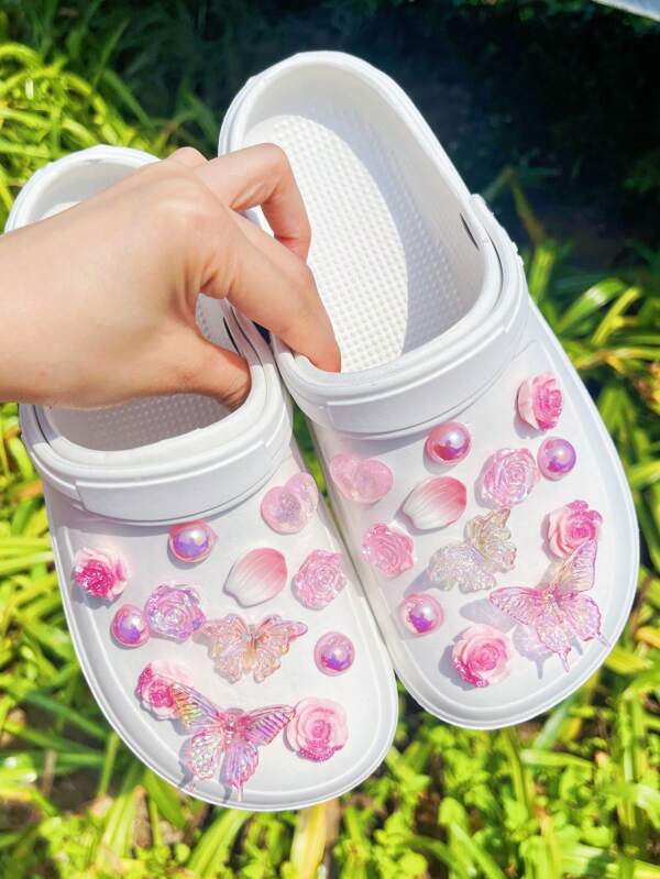 24 Stücke/Set rosa Schmetterling Schuh-Dekoration, geeignet für Clogs, Sandalen und Strandschuhe, DIY Schuh Dekoration