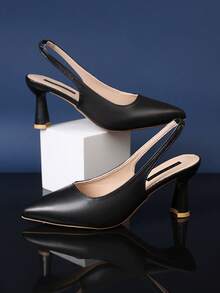 1 par de tacones altos de punta negra para adolescentes, material de PU suave, diseño elástico en la parte trasera, tacón de stiletto, sandalias de tacón alto elegantes y personalizadas de moda, aptas para uso diario, casual, viaje, oficina, nuevo lanzamiento de verano - Negro - Ver 5