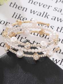 1 件新款三排珍珠和水钻手链，银色/金色弹力线时尚简约水钻手链，韩式配饰 - 銀色 - 查看 10