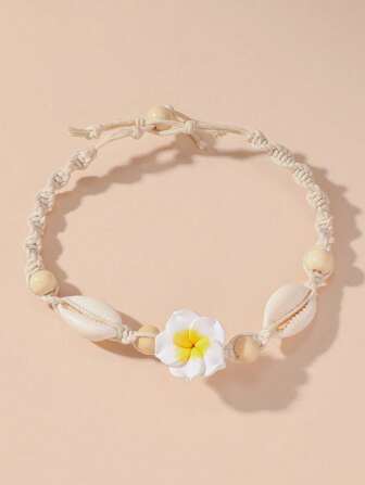 1 New Bohemian Anklet Beach Anklet Handwoven Polymer Clay Flower Sea Shell Anklet Anklet Accessory