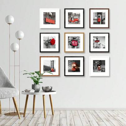 1/3 件方形相框，带宽垫板 | 8x8 英寸、10x10 英寸和 12x12 英寸 | 7 种颜色：黑色、白色、金色、木纹色、红棕色、橡木白、胡桃木色 | 适合艺术印刷品、复古照片和极简主义装饰 | 非常适合画廊墙壁、卧室装饰、办公室造型和复古内饰 | 艺术爱好者和家居美学爱好者的必备之选