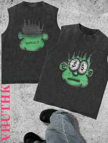 VHUTHK Double Sided Printing (240g Sleeveless Pure Cotton Washed Vest) 240g Spring And Summer Heavyweight Pure Cotton Washed Vest, Suitable For Daily Wear, Sleeveless Vest Printed With Green Cartoon Portrait Print - Black - View 1