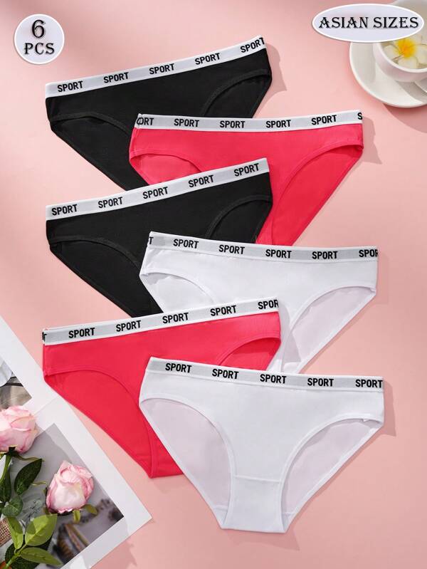 6pcs Women's Cotton Briefs, Letter Waistband, Sporty Basics, Comfortable, Breathable, Fresh And Sweet, Black Briefs, White Briefs, Women's Cotton Underwear, Red Sexy Lingerie, Black Lingerie, Elegant Wear