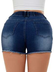 Women's Pocketed Distressed Elastic Drawstring Stretch Denim Shorts - Dark Wash - View 2
