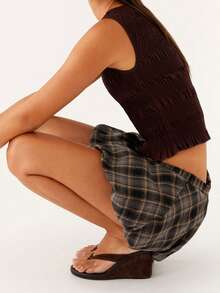 Womens Shirred Tank Tops Sleeveless Boat Neck Solid Color Frill Smocked Tops Summer Casual Shirts - màu nâu - Xem 6