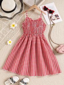 Girls Ruffle Hem Plaid Spaghetti Strap Casual Dress, Fashionable Summer Sleeveless A-Line Dress For Teenagers - Red and White - View 1
