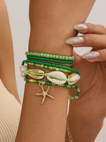 7pcs/Set Women Beach Vacation Seashell Starfish & Rice Bead Bracelets Boho Style Bangles