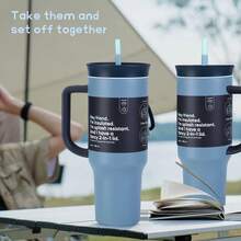 Owa Laa Dark Blue Water Bottle  40 OZ,1185ML, With Straw,Heat Preservation Time More Than 24 Hours, Cold And Hot Water Can Be Insulated, Can Make Coffee, Frozen Drinks, Beautiful Appearance, Exquisite Workmanship, Suitable For Camping, Work, Indoor And Outdoor Use. - Dusty Blue - View 3