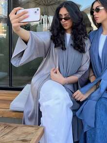 1pc Fashionable Minimalist Satin Solid Color Long Elegant Robe/Abaya Suitable For Daily & Festival Wearing, Modest Kaftan