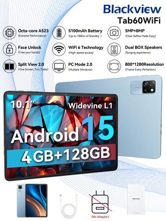 Blackview Tableta Android de 10.1 pulgadas Tablet 15 60 WiFi A523 de 8 núcleos a 1.8Ghz/4GB RAM/128GB ROM/WiFi 6/BT 5.3/Pantalla HD de 10.1 pulgadas 1280*800/Batería de 5100mAh/Tipo-C/Cámara de 5MP+8MP