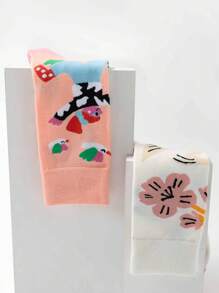 5 Pairs Mixed Color Art Illustration Cartoon Figure & Animal Pattern Fashionable Mid-Calf Socks, Great Gift For Family And Friends