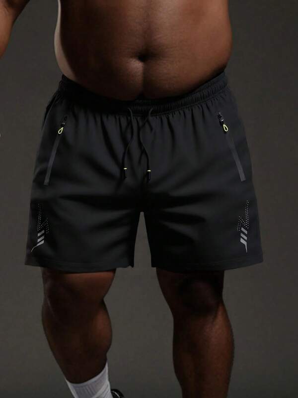 Men's Casual Sport Shorts In Plus Size, Featuring A Drawstring At The Waist And Zipped Pockets, With A Fashionable And Print Design, Suitable For Outdoor Sports, Running, Leisure, Camping, Etc