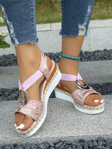 Giày sandal đế xuồng nữ, kiểu dáng thời trang, thoải mái và năng động, trang trí sọc bạc, màu hồng, thích hợp cho đi chơi hàng ngày, mua sắm, đi dạo. Giày sandal đế xuồng vải thoải mái dành cho nữ. - Hồng - Xem 3