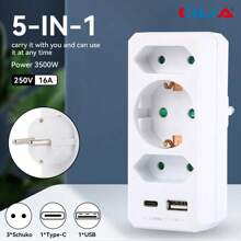 CILIA 1/2 Pcs 5-In-1 Multi Outlet Adapter Extender With USB,Type-C And 3 European Socket - European Converter For Home, Office,Travel,White