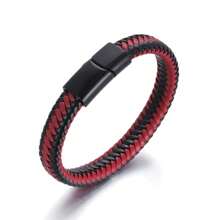 Men Stainless Steel Magnetic Clasp Braided Black Leather Bracelet For Men Wristband Bangle