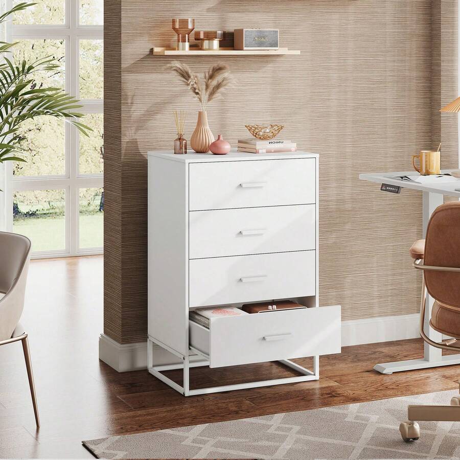 4 Drawer Wood Dresser, Tall Storage Chest For Bedroom, Hallway, Living Room & Closet, Sturdy Metal Frame,Brown Oak - 白色 - 查看 1