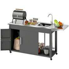 Outdoor Grill Table Grill Cart With Folding Side Table, Steel Sink - 灰色的 - 查看 3