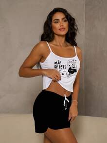 Women's White Cropped Pajama Set With Pet Mom And Black Shorts - trắng - Xem 2