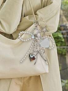 1pc Unisex Y2K Cute Beaded Bow Pendant, Fashionable Heart-Shaped Large Bag Pendant, Fashionable Heart-Shaped Rotating Mirror Pendant, Silver Heart-Shaped Swivel Hook Design, Spring Clasp, Starfish, Bow And Heart Element Phone Charm Keychain - Multicolor - View 6